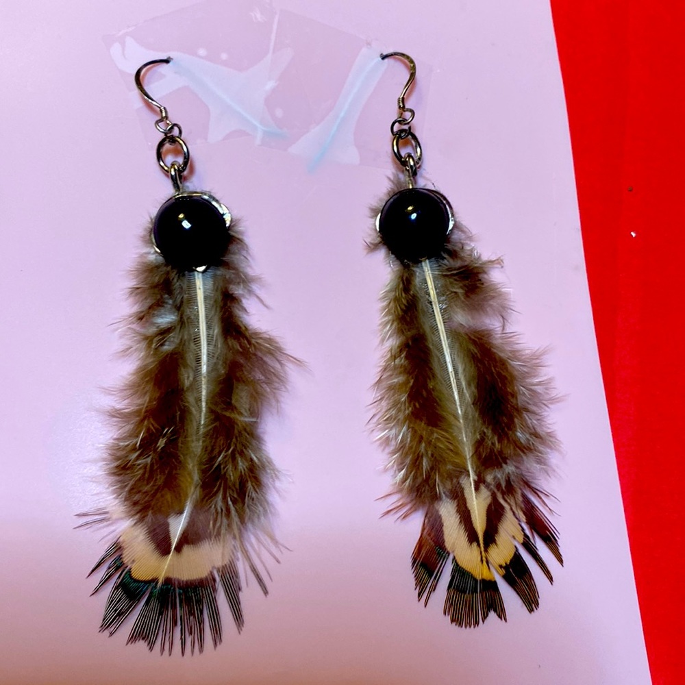 Black bead peacock feather earrings